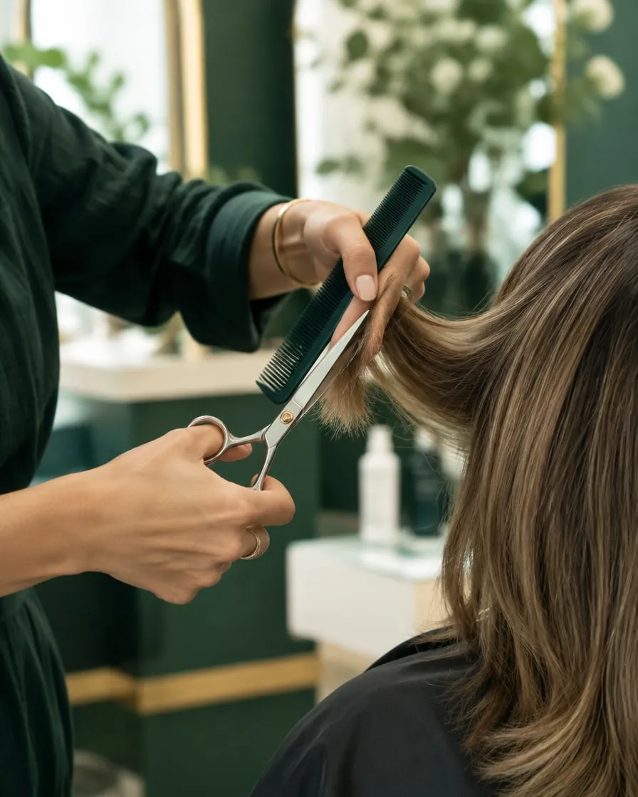 Close-up of a stylist trimming the ends of a client’s hair with scissors and a comb.