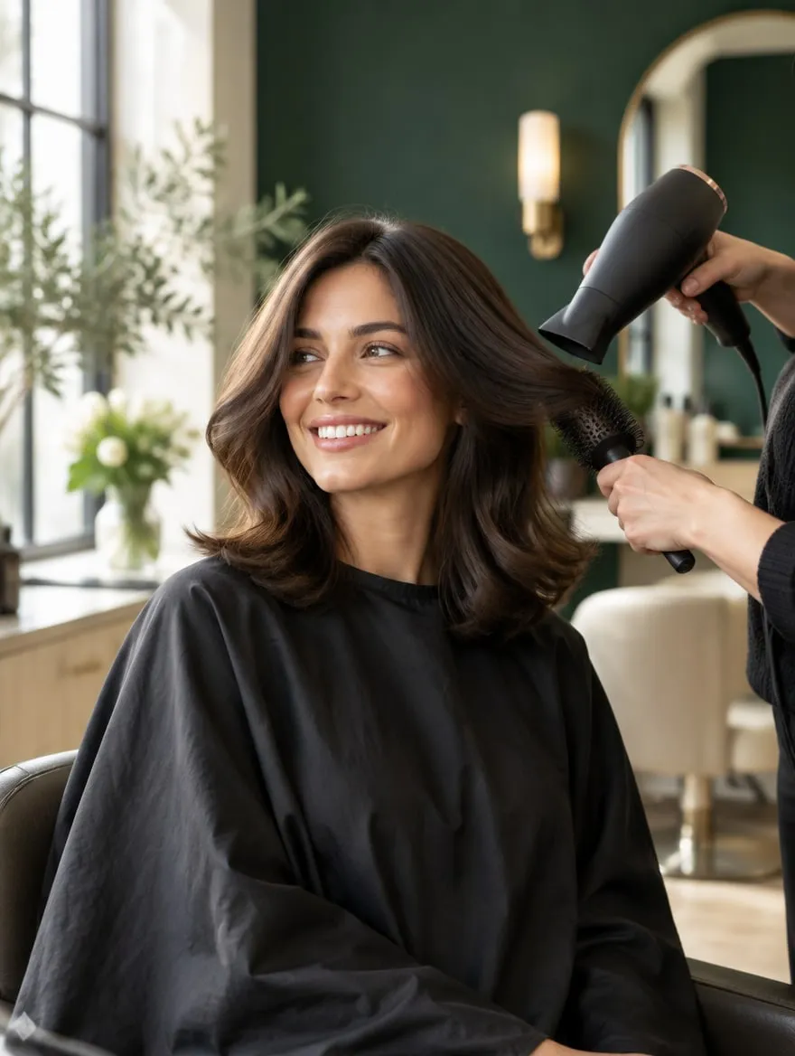 A smiling client with shoulder-length dark hair has it blow-dried with a round brush in a green-walled salon.