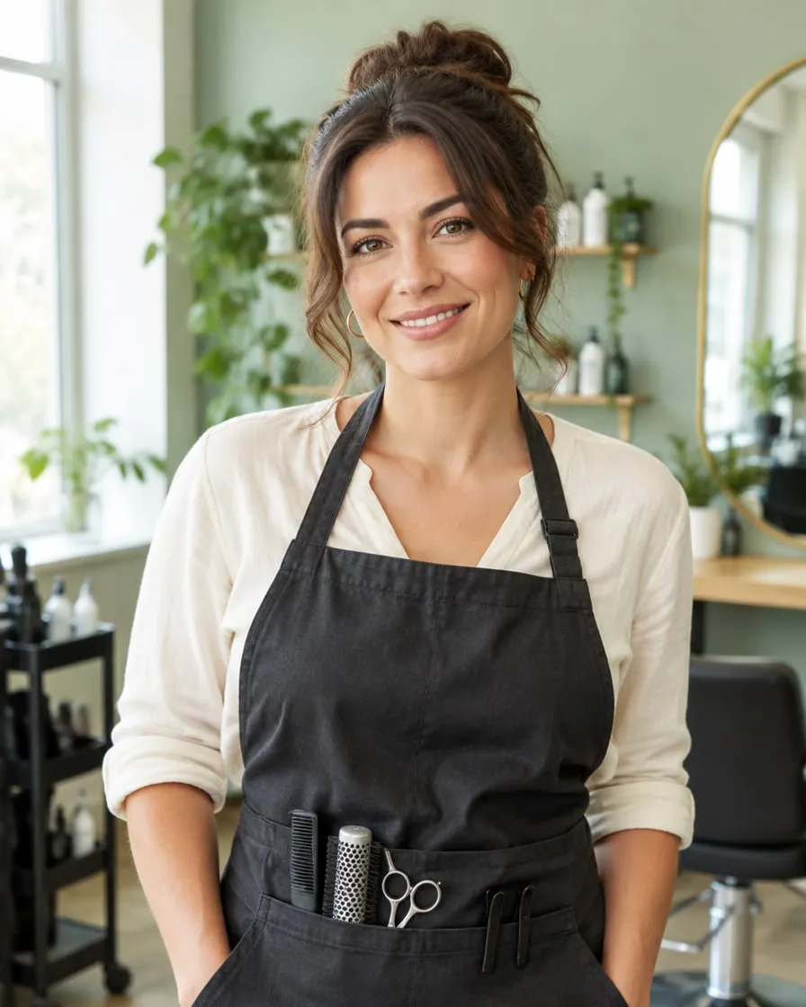 Ana, smiling, with dark hair in a loose bun, wearing a black apron with scissors and combs in the pocket.