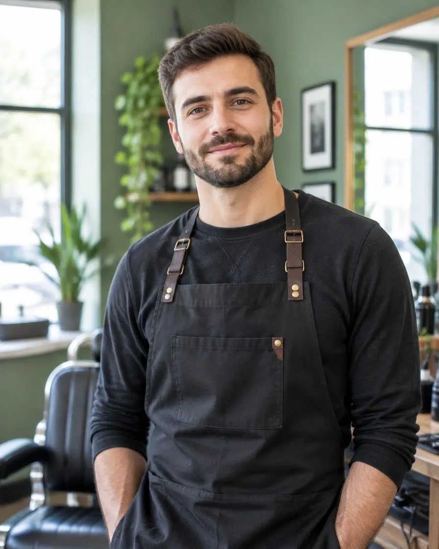 Marco, with short dark hair and a trimmed beard, in a black shirt and leather-strap apron beside a barber chair.