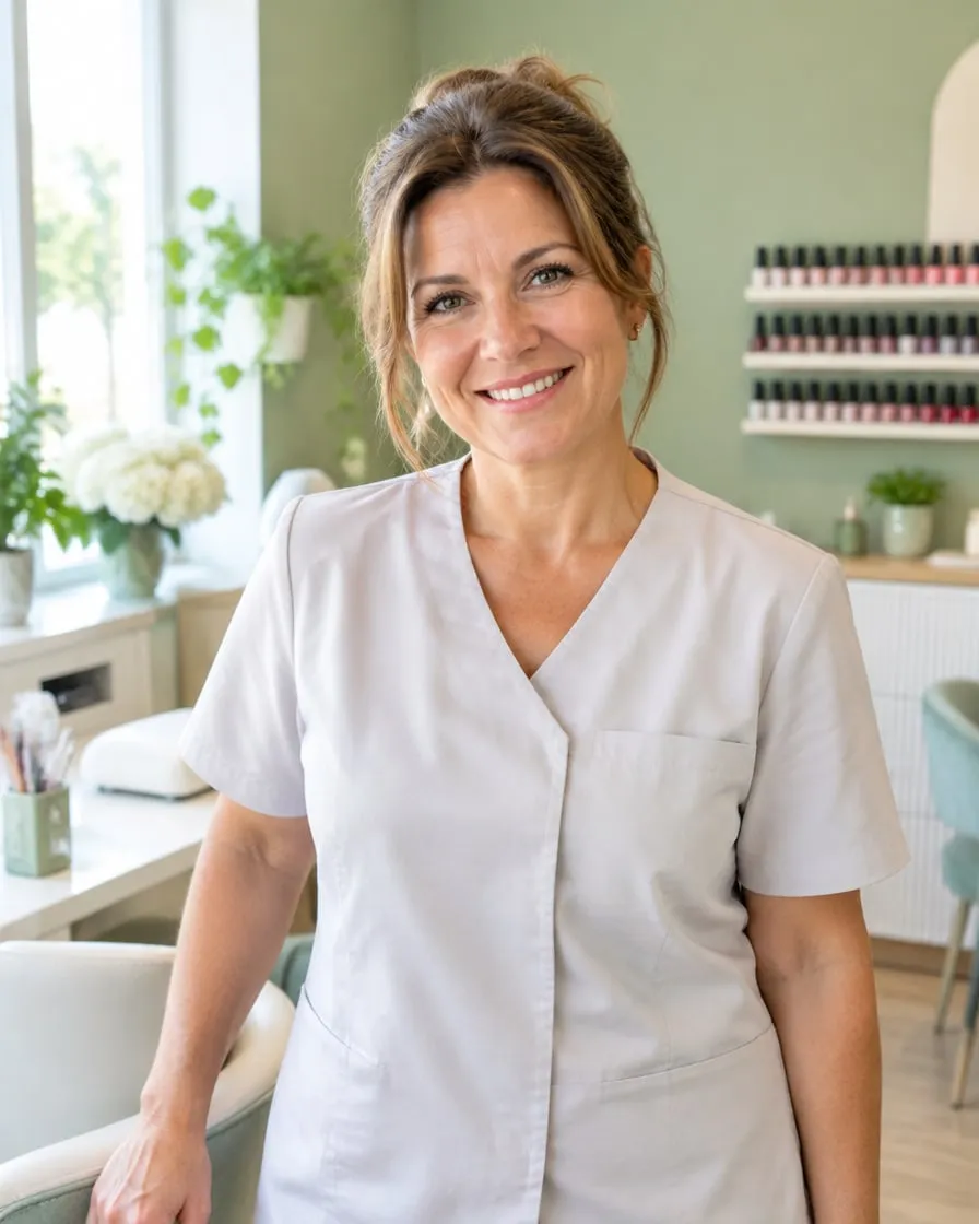Priya, smiling, in a light grey tunic in front of a wall of nail polish bottles.