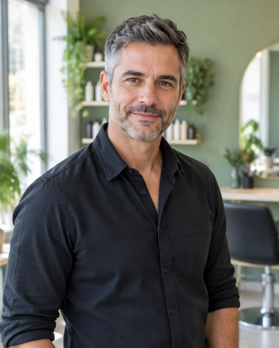 Jun, with short greying hair and stubble, in a black shirt in the studio.